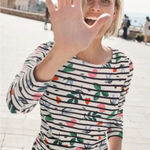 Boden Statement Breton Stripe Top Bird Heart Print US 8 Novelty Print White Photo 0