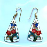 Vintage Floral Triangle Enamel Cloisonne Drop Earrings White Photo 1