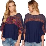 Free People  Bohemian Linen Embroidered Poncho Top Oversized Medium Summer Flowy Photo 9