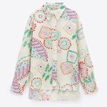 ZARA Button Down Shirt L NWT Summer Print Linen Blend Bohemian Photo 3