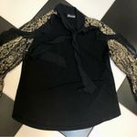 7th Avenue New York & Company Black Blouse Gold Lace Long Sleeves Neck Tie Large Multiple Photo 1