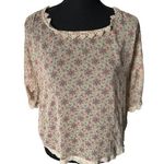 Free People Tan Floral Semi Sheer Crochet Trim Bohemian Cottagecore Blouse XS Photo 0