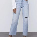 ZARA  High Rise Ripped Knee Straight Leg Raw Hem Jeans Light Wash Blue Size 8 Photo 0