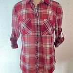 Xhilaration  Sheer Pink Plaid Rolled Tab Long Sleeve Button Down Collared Shirt Photo 0