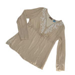 Sheer Beige silk Long Sleeve Embroidered Blouse Tie Waist flowy boho feminine m White Size M Photo 2