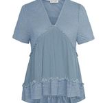 Grace Karin  Short Sleeve Top Small Blue V Neck Ruffle Peplum Waffle Knit Photo 0