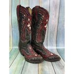 Coral Western Cowboy Boots Red Black Overlay Studs Snip Toe Size 5.5 Tall Shaft Photo 10