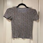 American Eagle  Blue Waffle Floral Thermal Crop Top Lettuce Hem Stretch Size XXS Photo 0