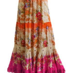 Vintage Y2K 90s Boho Maxi Skirt Tiered Ruffle Floral Macrame Gauzy Rayon India M Orange Size M Photo 0