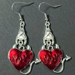 Gothic Bat‎ Heart Shaped Devil Design Silver/Red Zinc Alloy Dangle Earrings Silver Photo 0