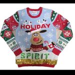 No Boundaries Womens Christmas Reindeer Sweater Size Small Blue Red Sequins Spirit Fringe Work Photo 1