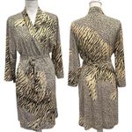 Natori Black Tan Animal Print Stretch Jersey Kimono Robe Tiger Leopard Lounge Photo 1