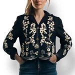 Vintage 90s Embroidered Jean Jacket Black Denim Tan Floral Bohemian Size Small Photo 0