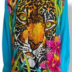 Diane Gilman Vintage Silk Leopard Floral Jungle Rhinestone Button Up Tunic Top Photo 2