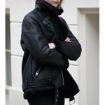 ZARA  Black Faux Leather Faux Fur Collar Shearling Belted Moto Motorcyle Jacket Photo 14