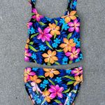 Catalina VTG 90s neon hibiscus tropical floral high rise tankini bikini S/M Photo 0