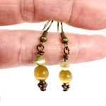 Handmade  Beaded Drop Earrings Green & Amber Glass Beads Antiqued Bronze Hooks Photo 2