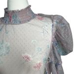 L.I.F.E. Shirring Sheer Floral Pink Blouse‎ High Neck Elastic Waist Puff Sleeve Photo 2