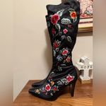 Black satin Floral Embroidered sequin Heeled Boots size 10 Photo 4