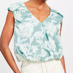 Loft Floral V-Neck Bubble Hem Top in Mint Lake - Size L Photo 0