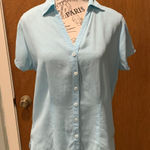 Hillard & Hanson Light Blue Matte Silk Women's Medium Button-Up Short Sleeve Top Shirt Photo 0