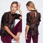 Free People  • So In Love Embroidered Blouse black sheer chiffon pink sequin bead Photo 15