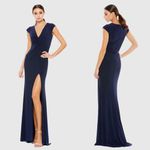 Mac Duggal Sz 0 Midnight Blue V-Neck Ruched Jersey Cap Sleeve Gown high slit Photo 1