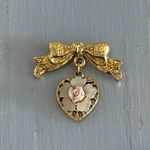 1928 Beautiful (?) Vintage Brooch Bow & Dangling Heart W Porcelain Rose Flower Photo 3