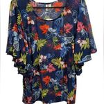 Est. 1946 NWT Tropical Floral Sheer Mesh Ruffle Pom Pom Sleeve Stretch Blouse Photo 0