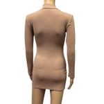 High Neck Tan Nude Ribbed Long Sleeve Micro Mini Shirt Dress Womens Small Photo 4