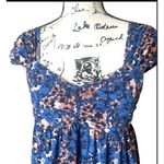 Free People Blue Pink Floral Smocked Back Puffy Sleeves Blend Linen Dress Medium Photo 2