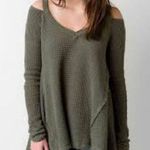 Free People Olive Green Moonshine Sweater Waffle Knit Cold Shoulder Photo 8