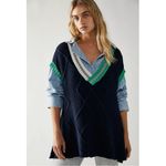 Free People  Oversized Preppy Kenzie Tunic Sweater Dress Vest Navy Size Small Photo 2