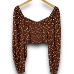 BP Ditsy Brown Floral Long Sleeve Crop Top Lace Neckline Lightweight Smocked XXS Photo 4