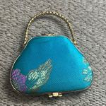 Vintage Double Mirror Satin Purse Gold Tone metal frame in a blue Floral Pattern Photo 0