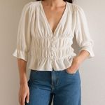 Urban Romantics New  White Cinched Peplum Top Button Up Size Large Photo 0