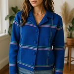 Vintage Zado of California Wool Cardigan Jacket – Blue Neon Plaid Size L Photo 0