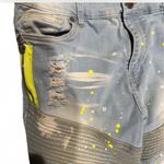 Blue and Yellow Jean Shorts with Distressed Moto Design Size 36 Photo 1