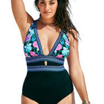 NWOT Swimsuits for All Plunge One Piece Swimsuit‎ in Floral Garden Size 12 Black Photo 0