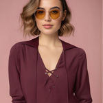 Frame Women's Lace-Up Silk Blouse Red Collared Long Sleeve XS Photo 0