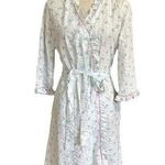 Vintage Miss Elaine Seersucker Robe Blue & Pink Floral Ruffles Wrap Style Sz M Size M Photo 0