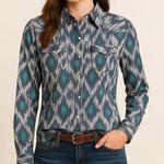Ariat REAL Western Snap Shirt Ikat Print Blue Teal Pearl Snap Long Sleeve XXL Photo 0