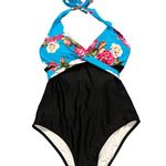 Cupshe Halter Tie Floral Blue Black One Piece Swimsuit M Photo 2
