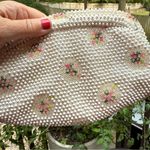 Vintage Lumured Corde White Beaded Handbag Clutch Purse Embroidered Flowers Pink Photo 3