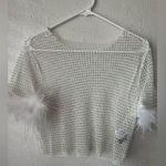Windsor White Mesh Rhinestone Crop Top w/ Feather Trim Sleeves – Size M Photo 1