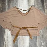 Ella Blue Blouse With Dolman / Batwing Sleeves Tan Belted Size Large Photo 6