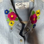 Vintage Denim Sleeveless Button Down Floral Embroidered Shirt Lg Blue Photo 3