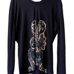 CHAPS Denim Women’s Hoodie Knit Top V-Neck Navy Blue Paisley Print Size Large Photo 0