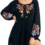 Free People  Boho Black Floral Embroidered Long Balloon Sleeve Mini Dress Photo 0
