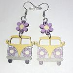 Huge Yellow Bus Purple Flower Dangling Boho Pierced Earrings Photo 3